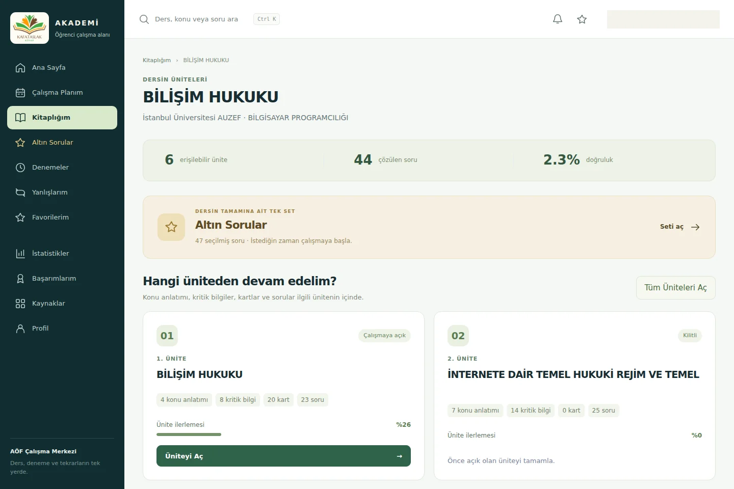 Ders sayfasında ünite ilerlemesi ve Altın Sorular bağlantısı