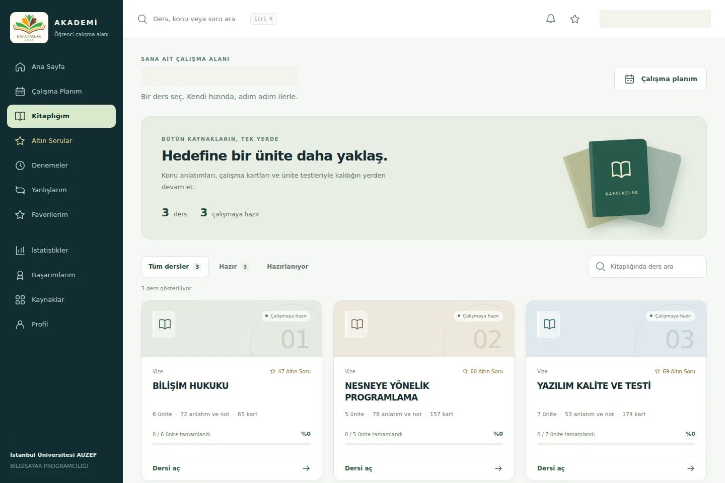 Kitaplığım sayfasında ders listesi ve arama