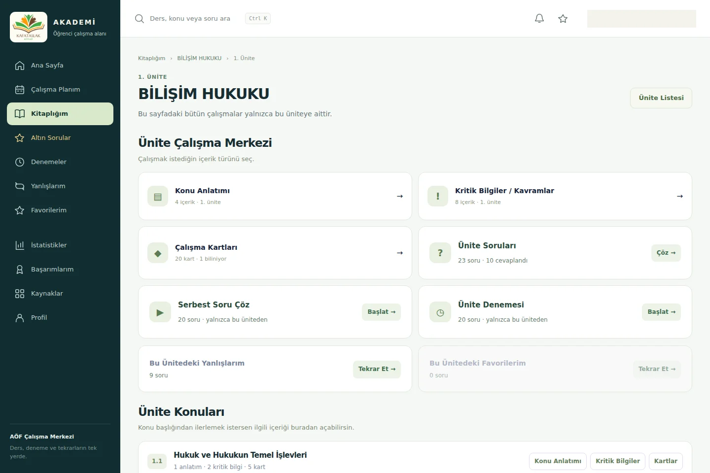 Ünite Çalışma Merkezi ekranı